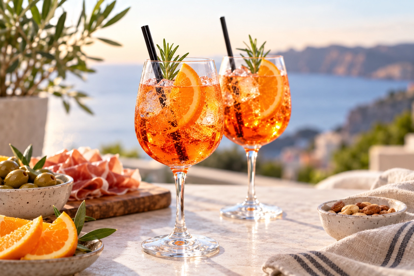 Italiaanse Spritz met sinaasappel en ijs op een zonnig terras