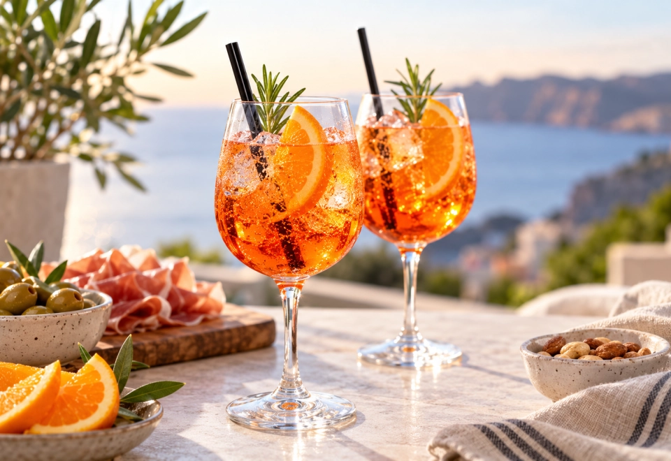 Italiaanse Spritz met sinaasappel en ijs op een zonnig terras