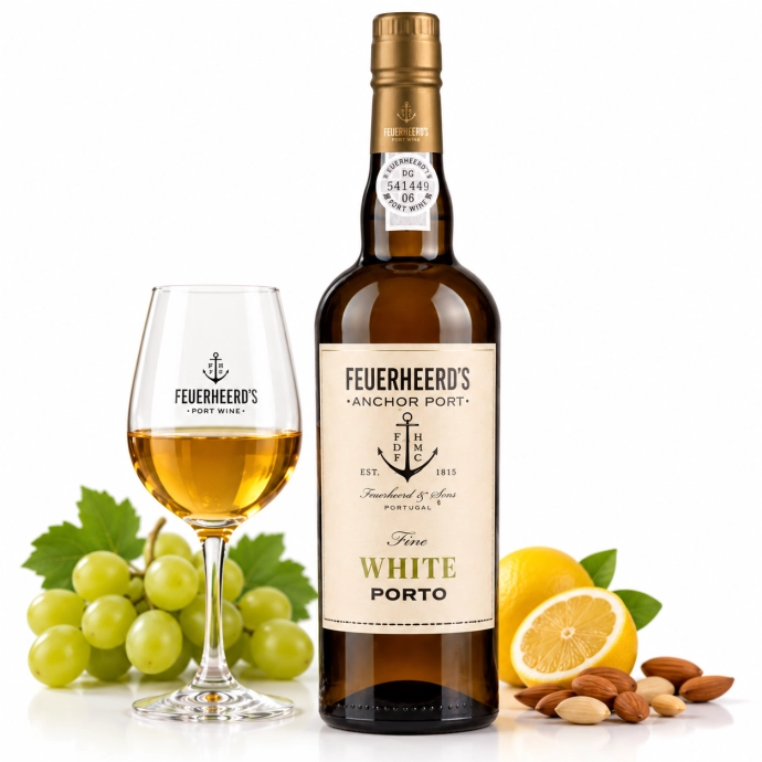 Feuerheerd's Fine White Port met glas, druiven en citroenen