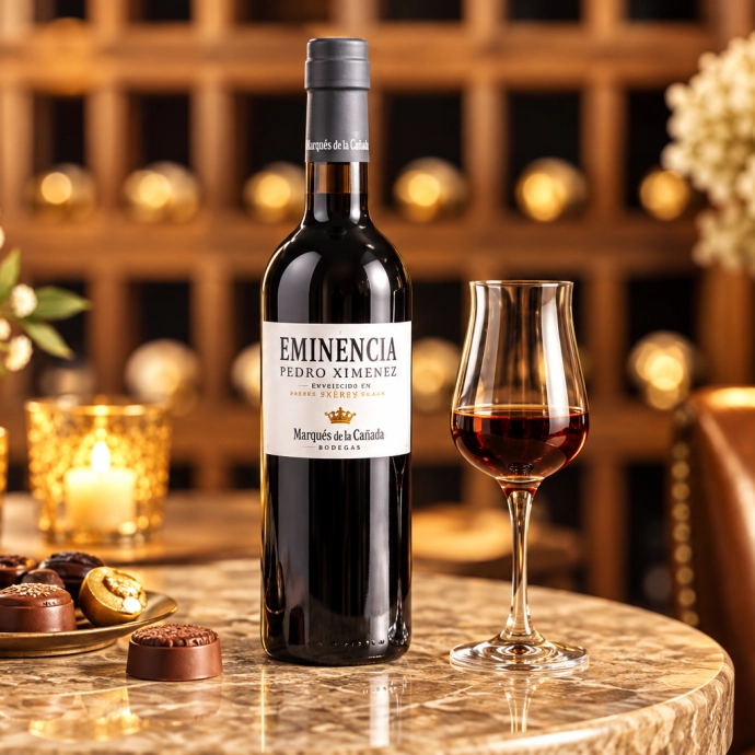 Eminencia Pedro Ximénez Sherry met glas en dessert