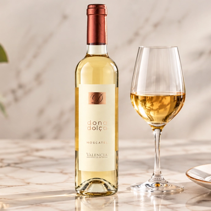 Doña Dolce Moscatel  dessertwijn met glas en dessert