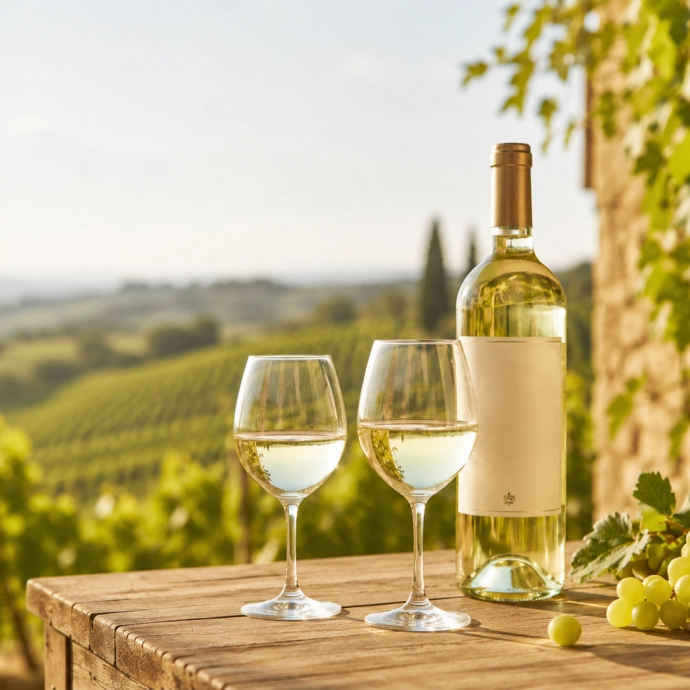 Fles witte wijn met glas op tafel