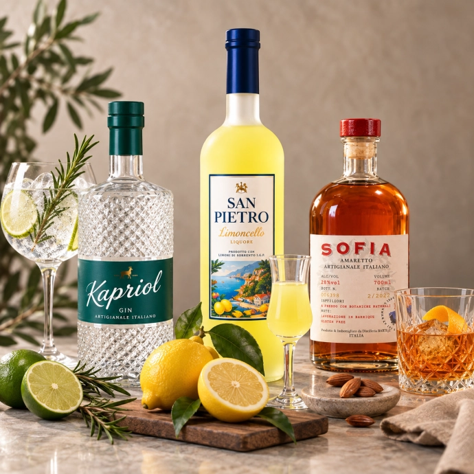 Selectie favoriete gedistilleerde dranken van Vinoworld met Kapriol gin, San Pietro limoncello en Sofia amaretto