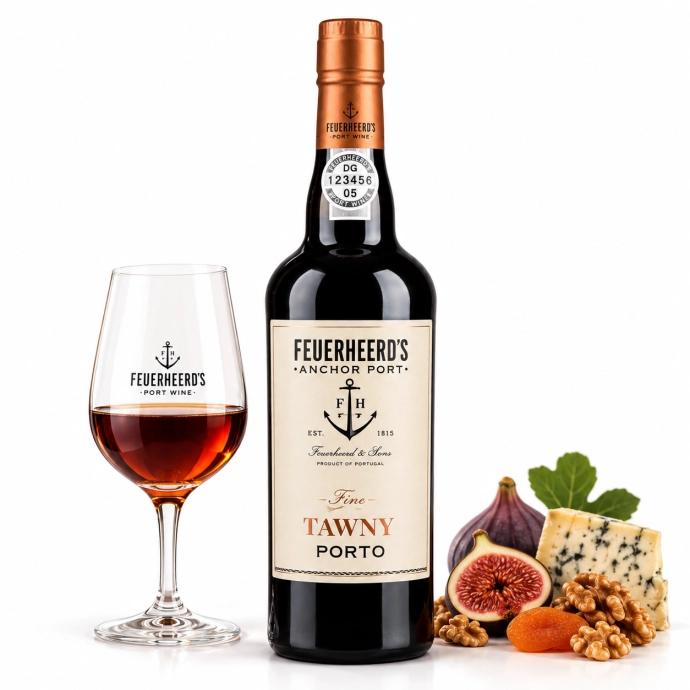Feuerheerd's Fine Tawny Port met glas, vijgen, kaas en walnoten