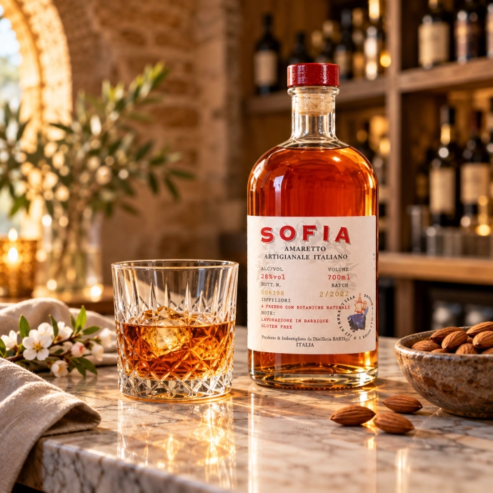 Amaretto Sofia met glas in warme Italiaanse sfeer